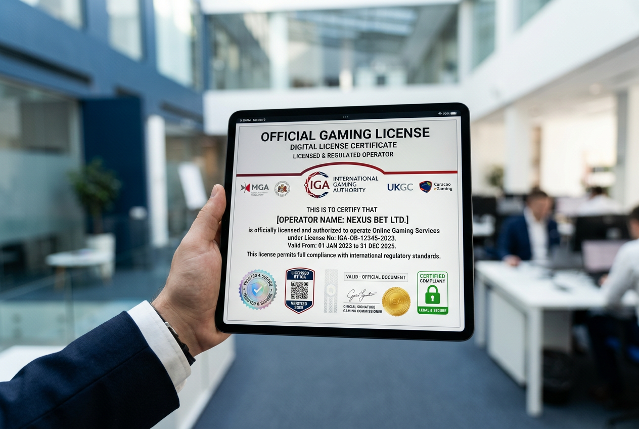 A digital tablet showing official gaming certificates and security seals.
