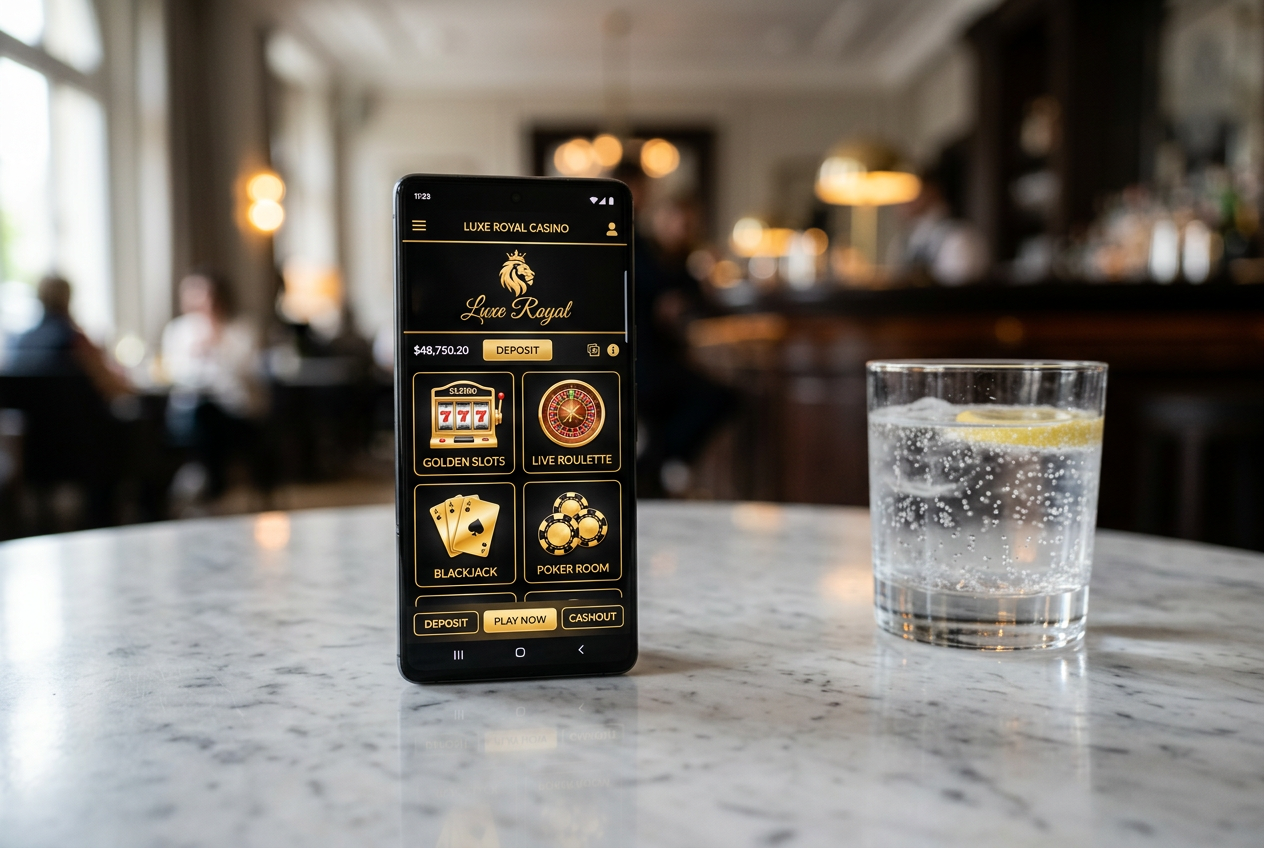 A modern smartphone displaying a luxury online casino interface.